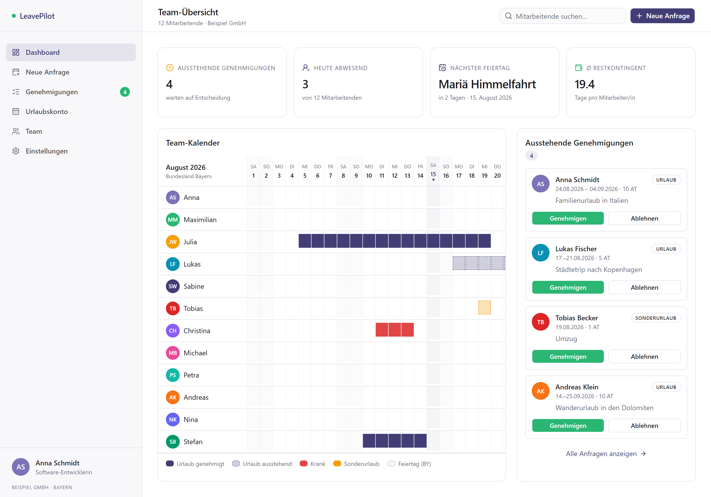 LeavePilot Dashboard mit Team-Kalender und ausstehenden Genehmigungen
