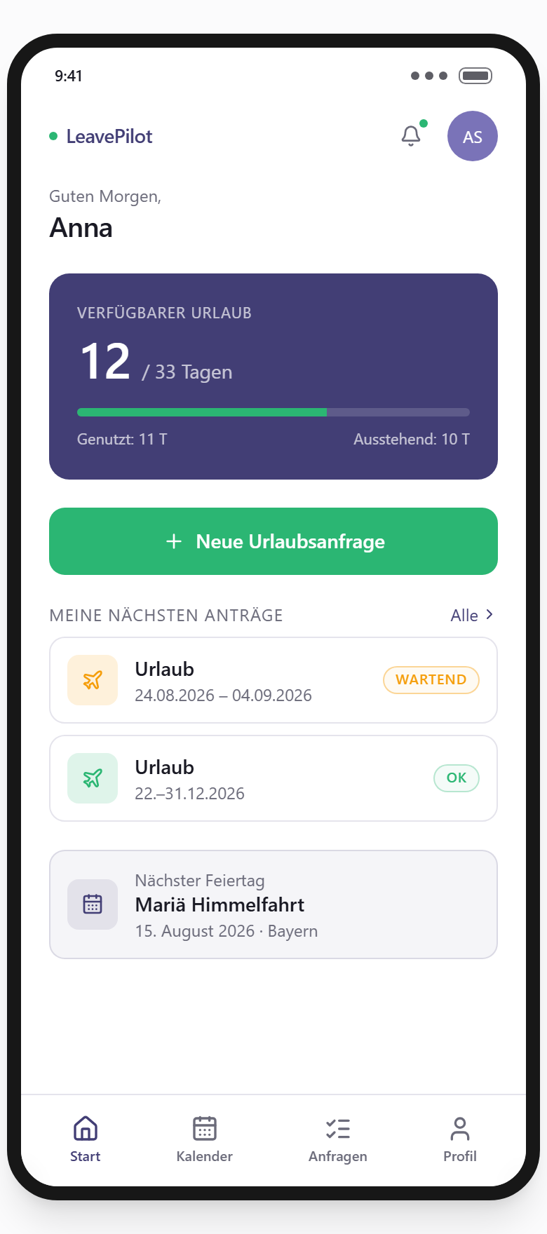 LeavePilot mobil: Urlaubskonto und schnelle Anfrage