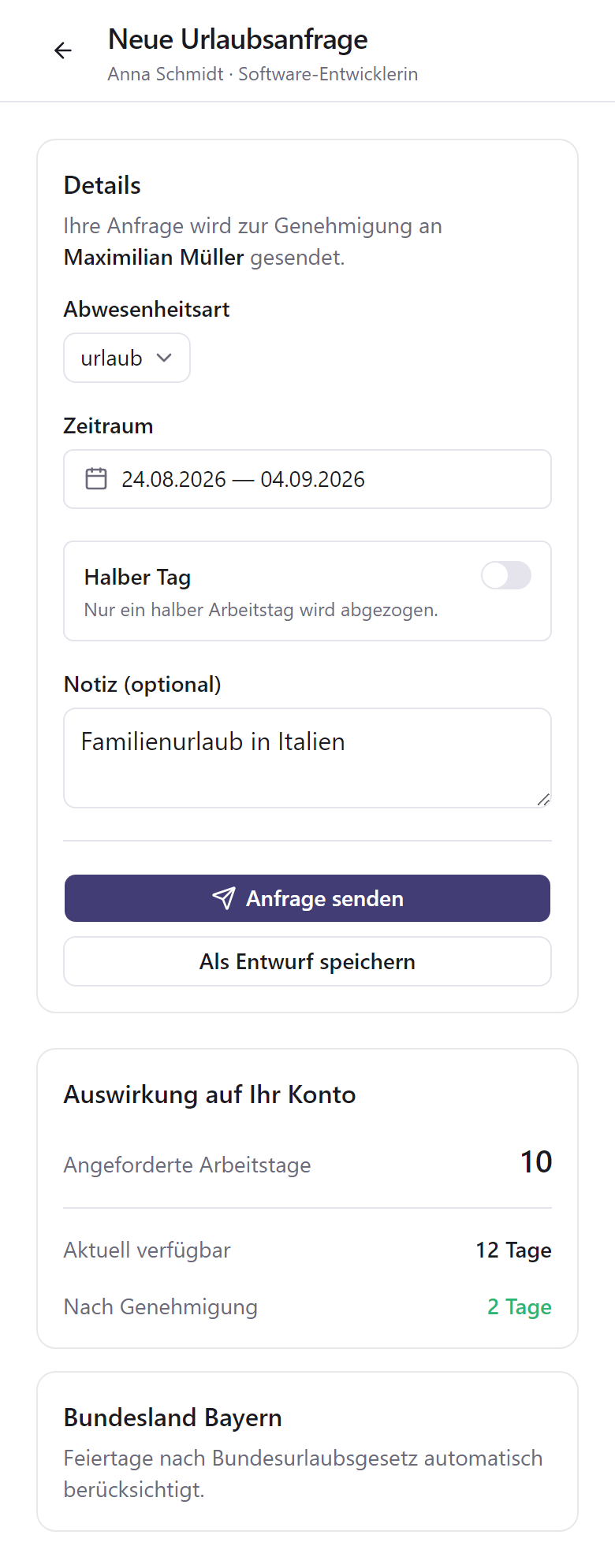 LeavePilot mobil: Neue Urlaubsanfrage mit Live-Salden-Vorschau