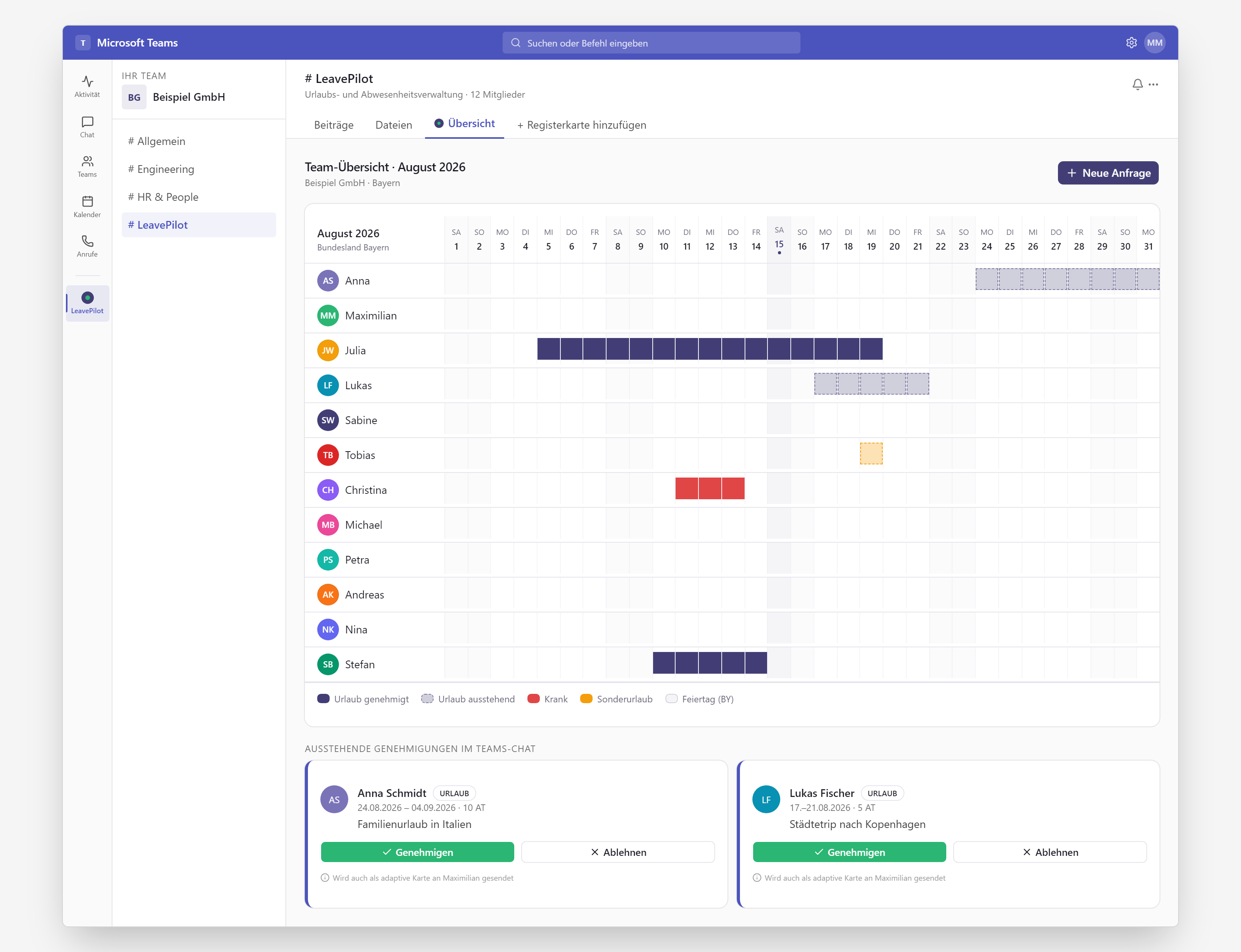 Microsoft-Teams-Fenster mit LeavePilot als Registerkarte im Kanal und adaptive Karten im Chat